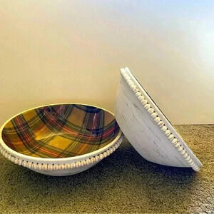 Lot Of 2 Mud Pie Red Green Tartan Plaid‎ Enamel Wood Bowl Serving Bowls Small